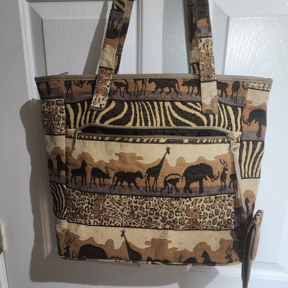Vintage Jade African Safari Tapestry Tote Bag Animal Print Elephant Zebra Purse